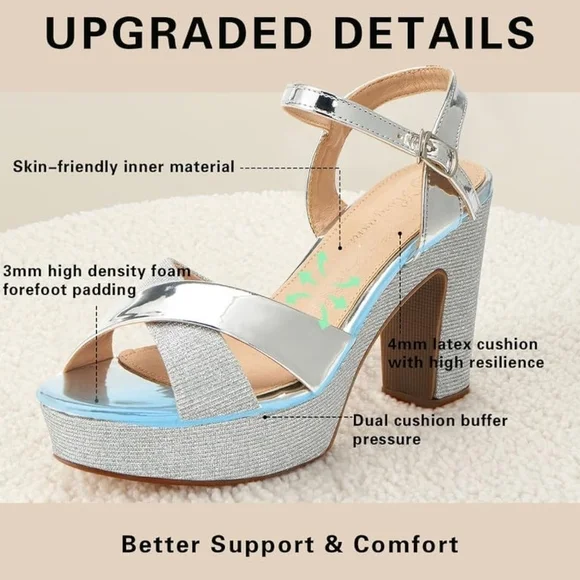 1 Pair Hingswink Silver Sparkly Platform Sandals Chunky Block Heel Size 8.5 - Picture 14 of 16